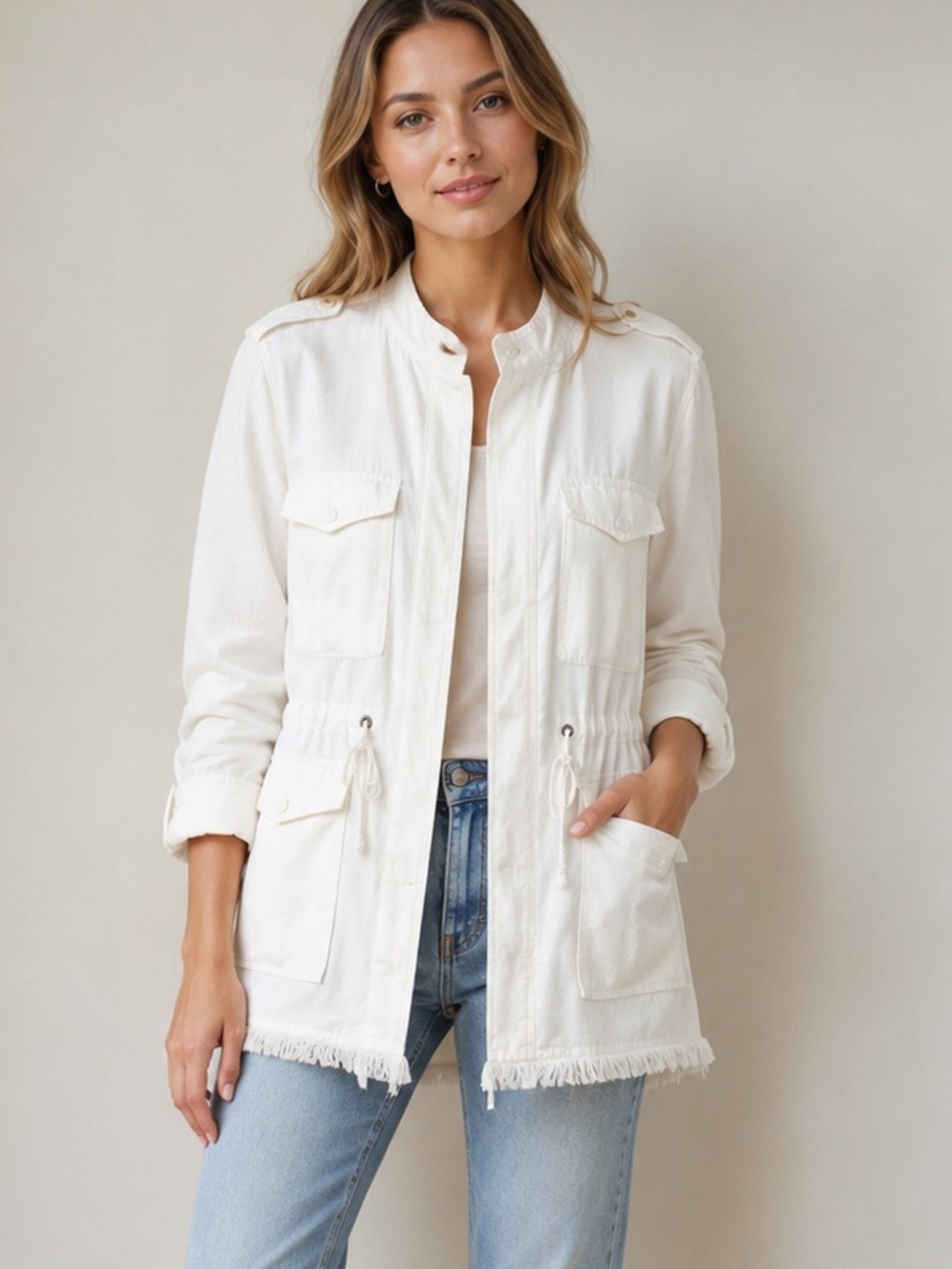 Sanctuary white linen tencel utility anorak raw hem lightweight jacket XL